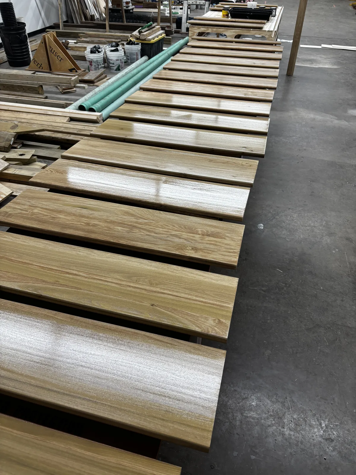 Prefabricated stair treads in shop